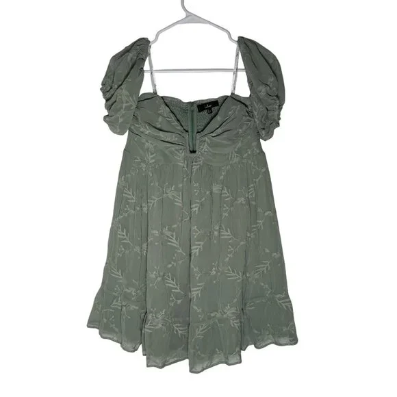 Lulus Cutest Icon Sage Green Embroidered Off-the-Shoulder Mini Dress Size Lg NWT - Picture 2 of 6